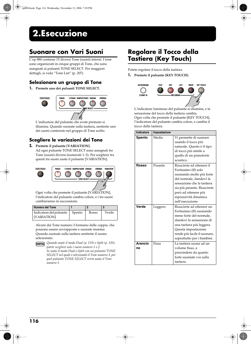 Esecuzione, Suonato dalla tastiera (p. 116), Suonare con vari suoni | Regolare il tocco della tastiera (key touch), Selezionare un gruppo di tone, Scegliere le variazioni dei tone | Roland EP-880 User Manual | Page 116 / 216