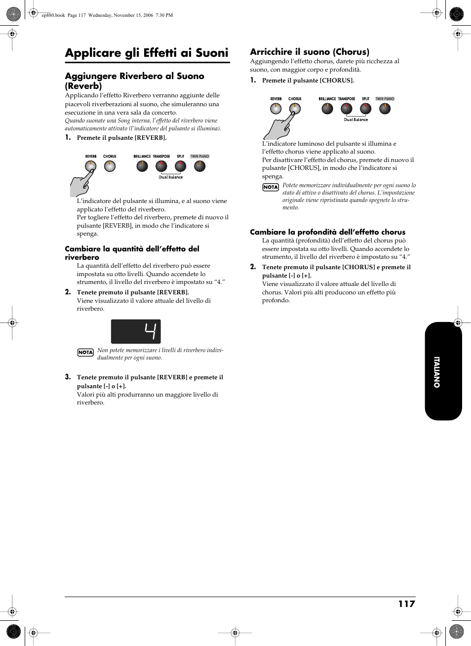 Applicare gli effetti ai suoni, Aggiunge il riverbero al suono (p. 117), Arricchisce il suono (p. 117) | Roland EP-880 User Manual | Page 117 / 216