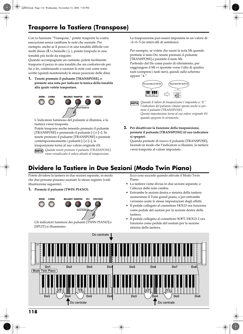 Intonazione della tastiera (p. 118), Registro (p. 118), Trasporre la tastiera (transpose) | Roland EP-880 User Manual | Page 118 / 216