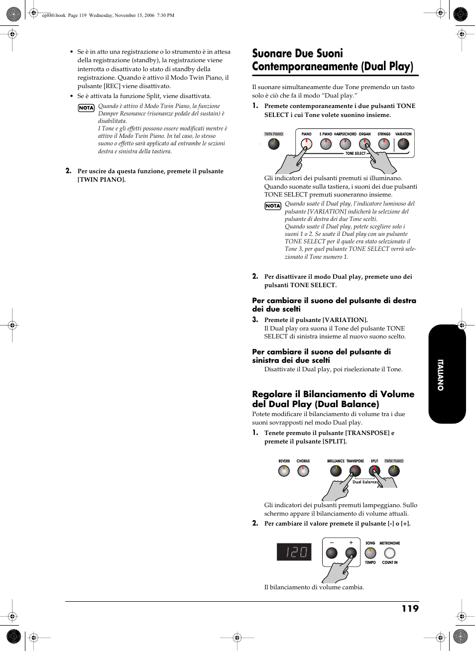 Suonare due suoni contemporaneamente (dual play) | Roland EP-880 User Manual | Page 119 / 216