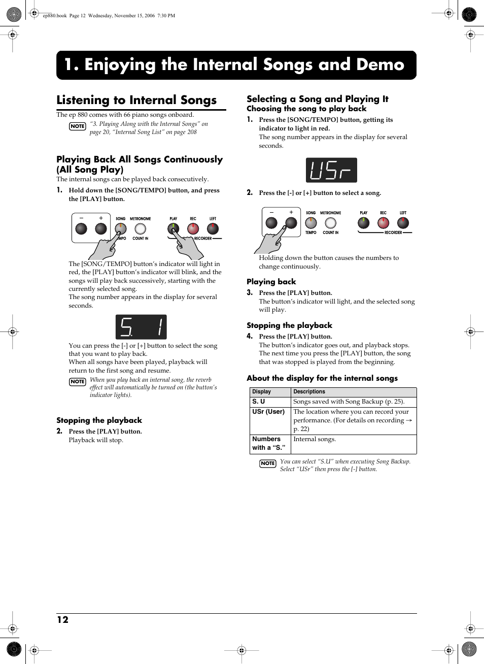 Enjoying the internal songs and demo, Listening to internal songs, Recorded performances (p. 12, 22) | Selecting a song and playing it | Roland EP-880 User Manual | Page 12 / 216