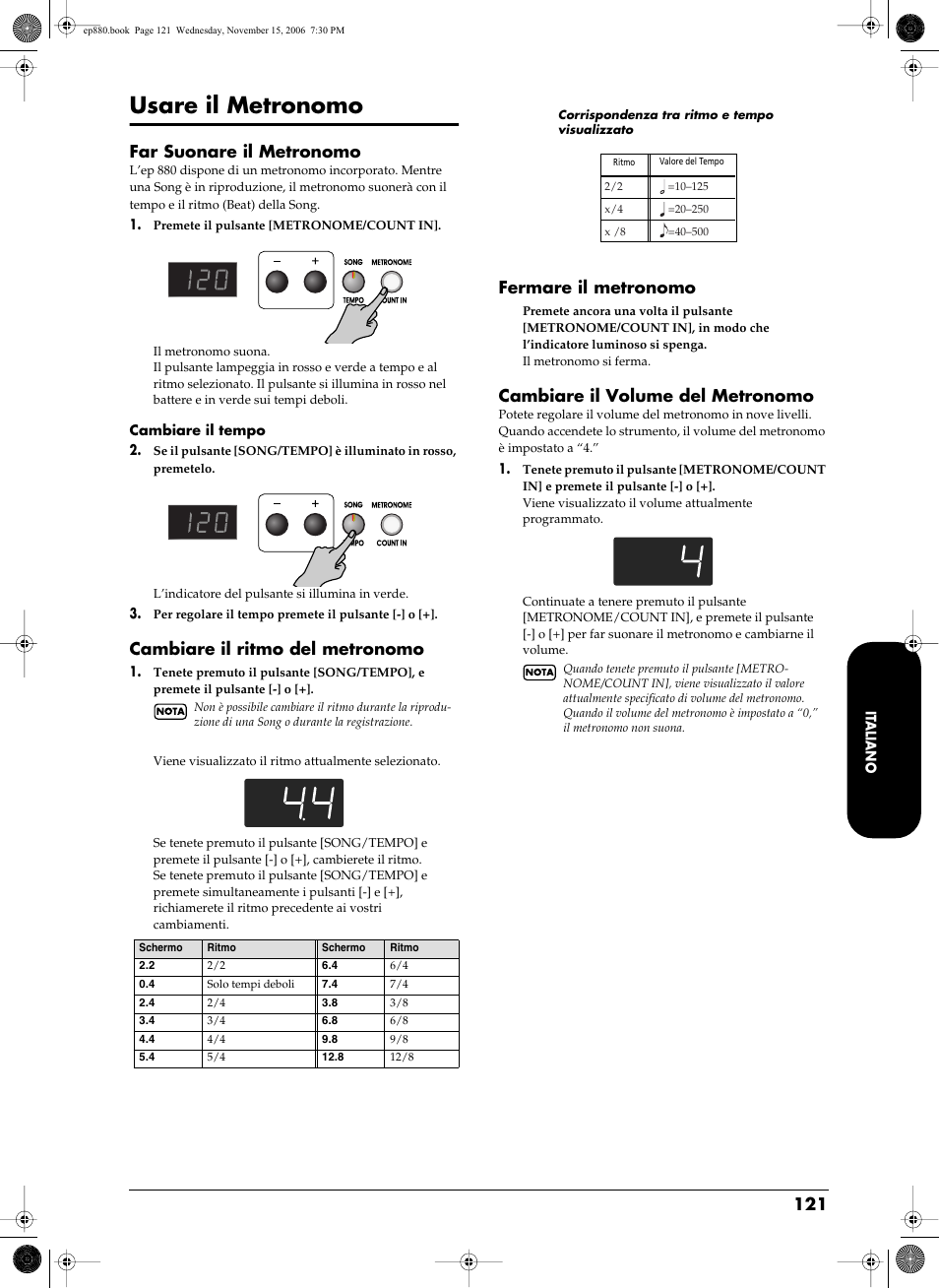 Usare il metronomo, Far suonare il metronomo, Cambiare il ritmo del metronomo | Fermare il metronomo, Cambiare il volume del metronomo | Roland EP-880 User Manual | Page 121 / 216