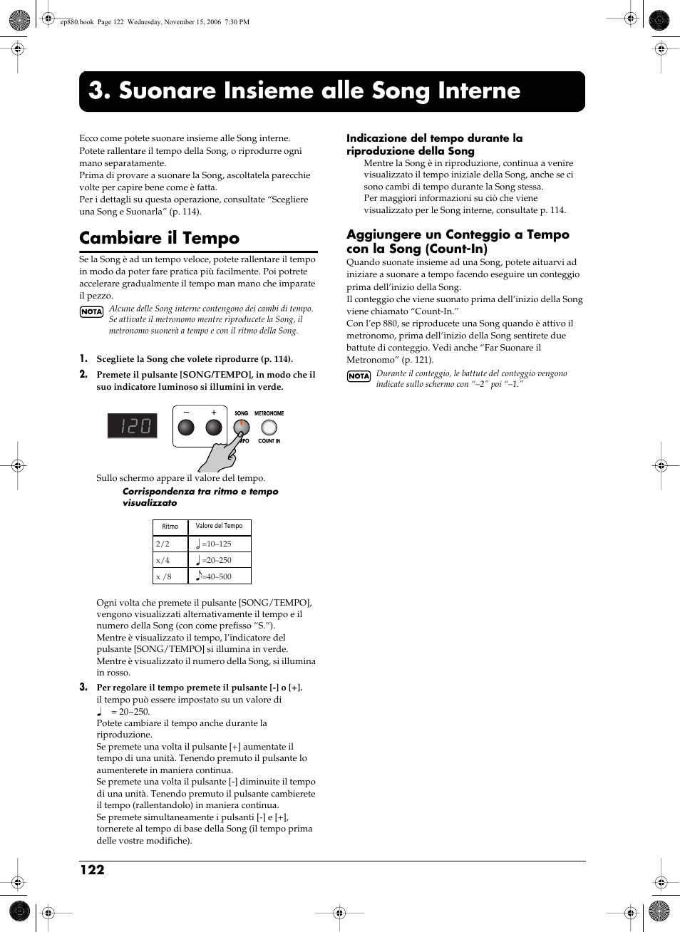 Suonare insieme alle song interne, Cambiare il tempo, Tempo (p. 122) | Suonare insieme alle song interne” (p. 122) | Roland EP-880 User Manual | Page 122 / 216