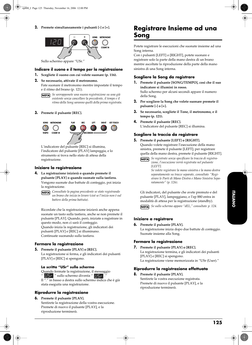 Registrare insieme ad una song, Registrare insieme ad una song” p. 125) | Roland EP-880 User Manual | Page 125 / 216