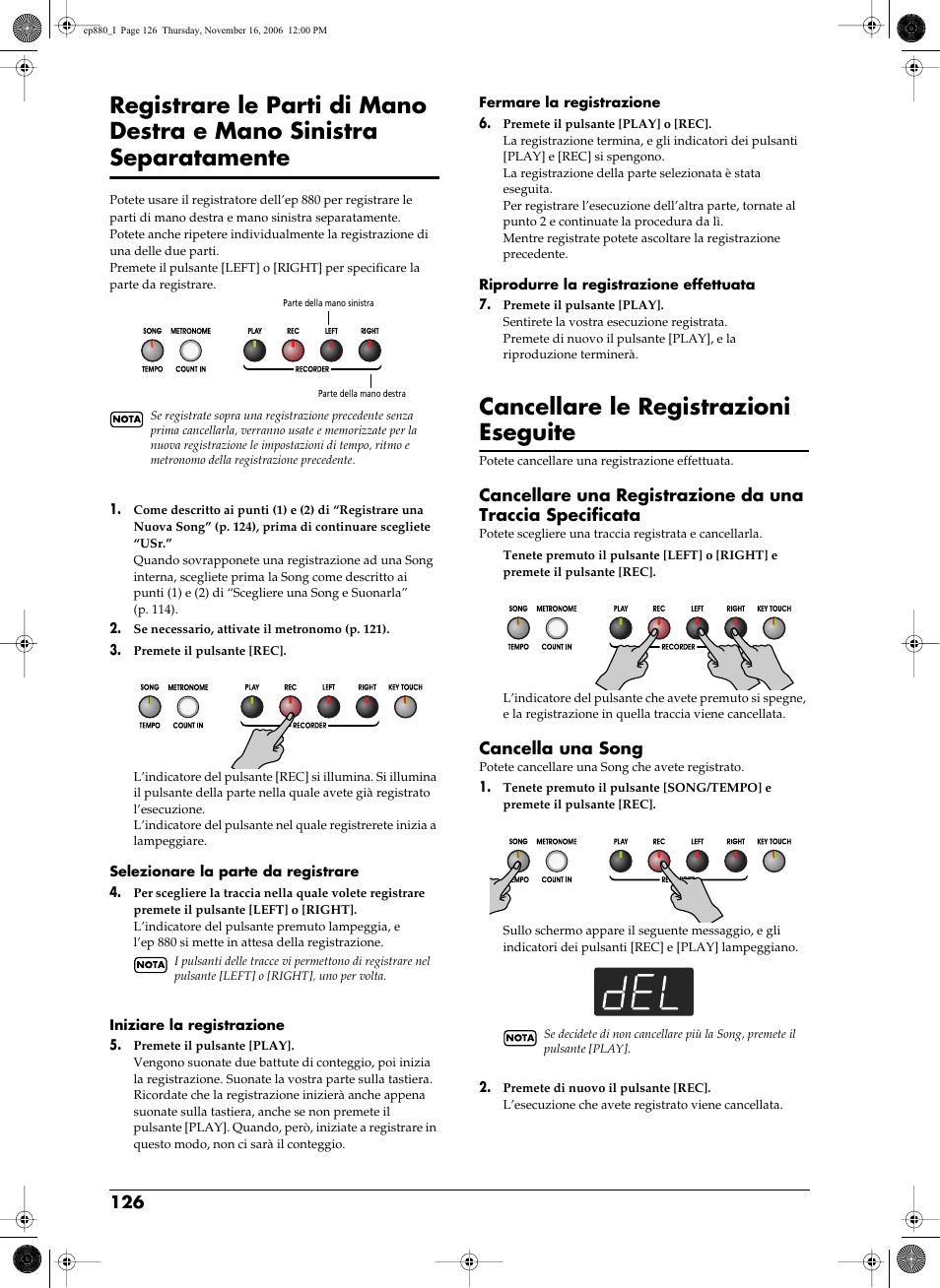 Registrare le, Cancellare le registrazioni eseguite, Cancella una song | Roland EP-880 User Manual | Page 126 / 216