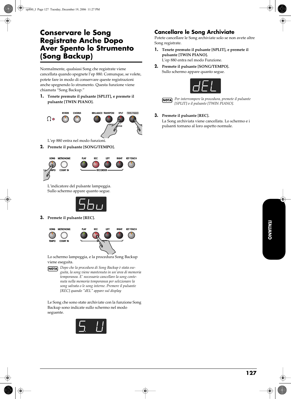 Cancellare le song archiviate, Song archiviate con song backup (p. 127) | Roland EP-880 User Manual | Page 127 / 216