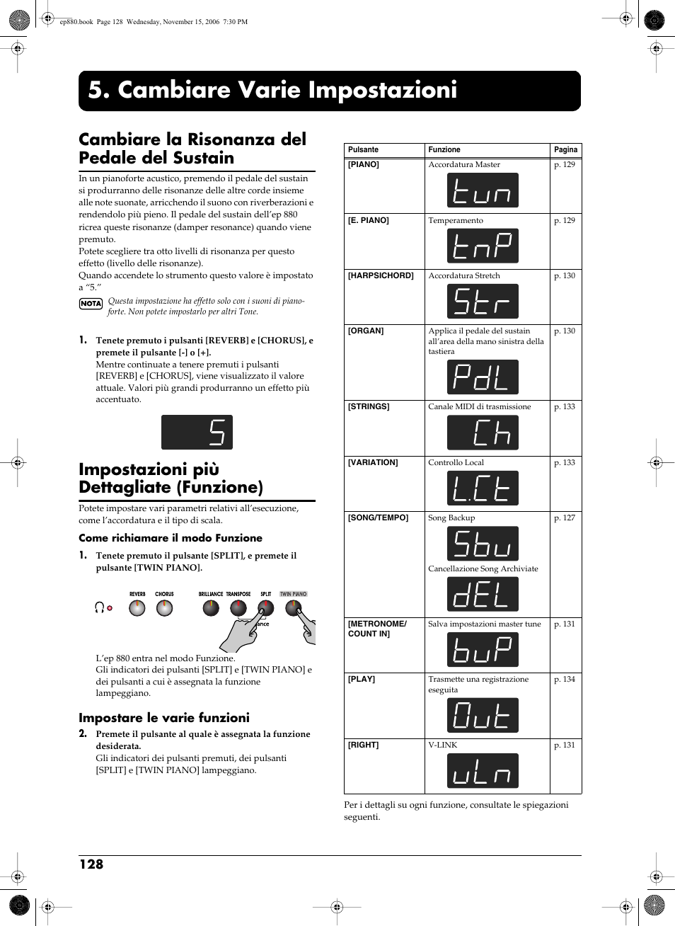 Cambiare varie impostazioni, Varie funzioni (p. 128~131, p. 133~134), Cambiare la risonanza del pedale del sustain | Impostazioni più dettagliate (funzione), Impostare le varie funzioni | Roland EP-880 User Manual | Page 128 / 216