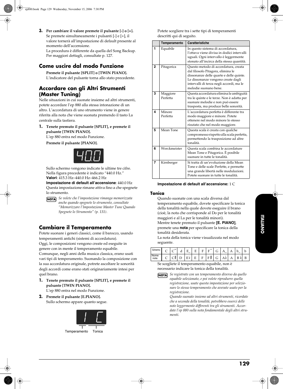 P. 129, Come uscire dal modo funzione, Accordare con gli altri strumenti (master tuning) | Cambiare il temperamento | Roland EP-880 User Manual | Page 129 / 216