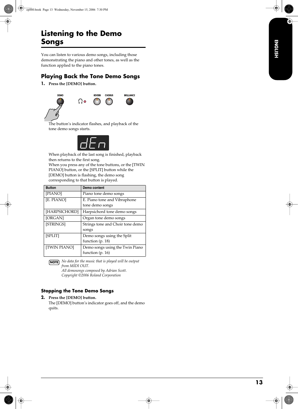 Listening to the demo songs, S tones (p. 13), Playing back the tone demo songs | Roland EP-880 User Manual | Page 13 / 216