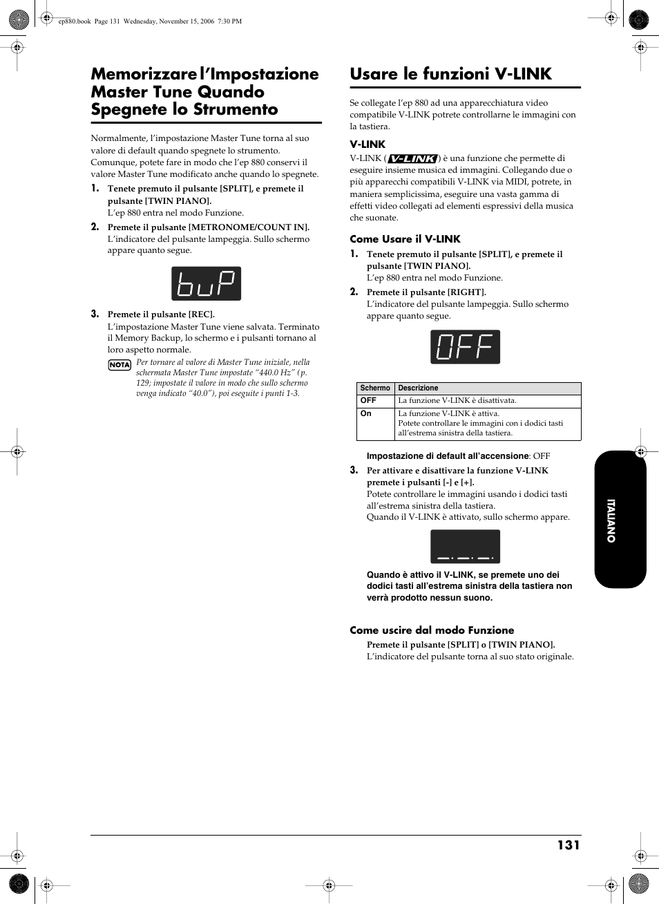 P. 131, Usare le funzioni v-link | Roland EP-880 User Manual | Page 131 / 216