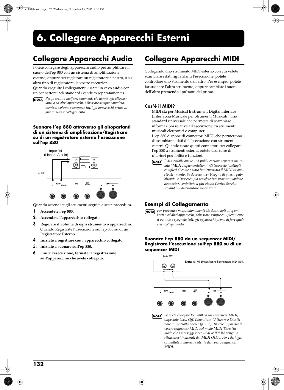 Collegare apparecchi esterni, Collegare apparecchi audio, Collegare apparecchi midi | Roland EP-880 User Manual | Page 132 / 216