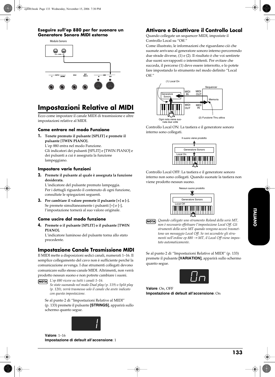 Impostazioni relative al midi, P. 133, Impostazione canale trasmissione midi | Attivare e disattivare il controllo local | Roland EP-880 User Manual | Page 133 / 216