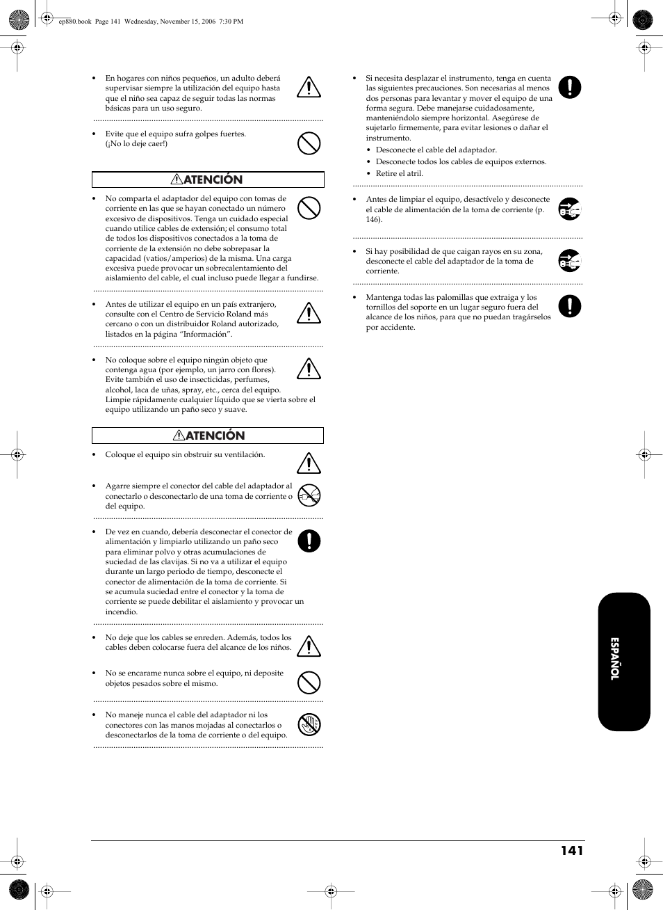 Atención | Roland EP-880 User Manual | Page 141 / 216