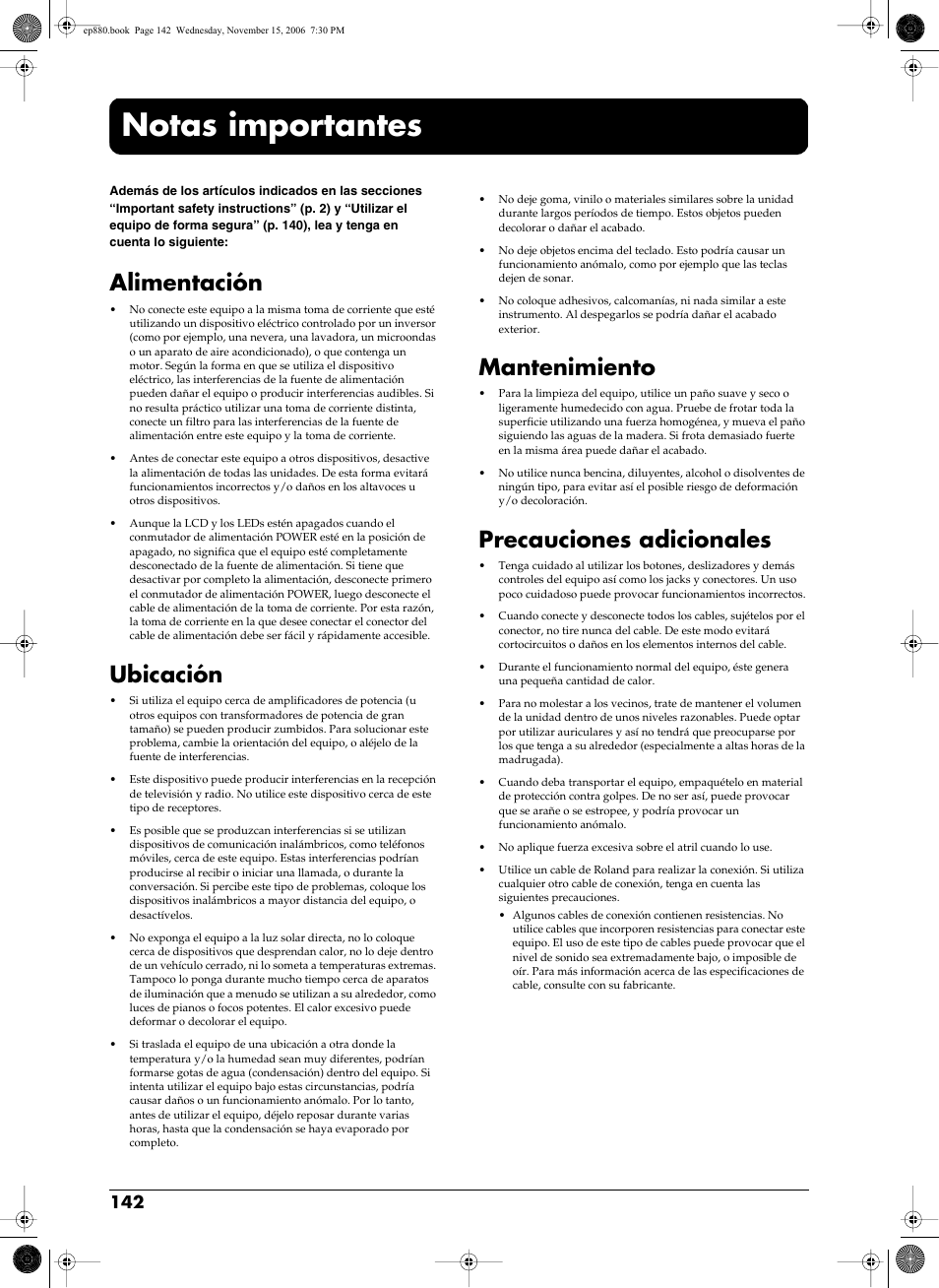 Notas importantes, Alimentación, Ubicación | Mantenimiento, Precauciones adicionales | Roland EP-880 User Manual | Page 142 / 216