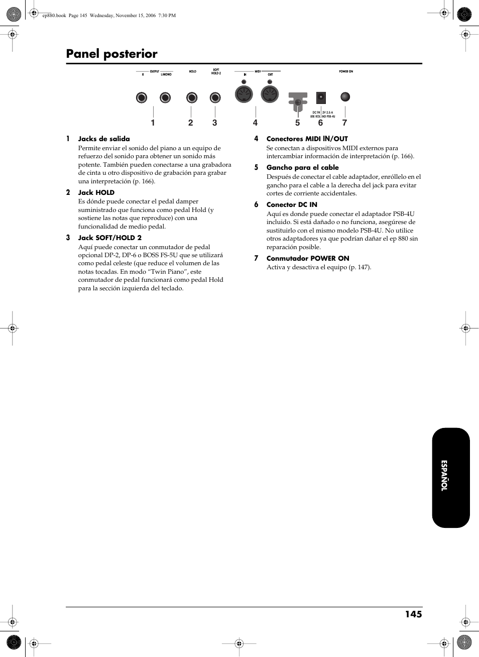 Panel posterior | Roland EP-880 User Manual | Page 145 / 216