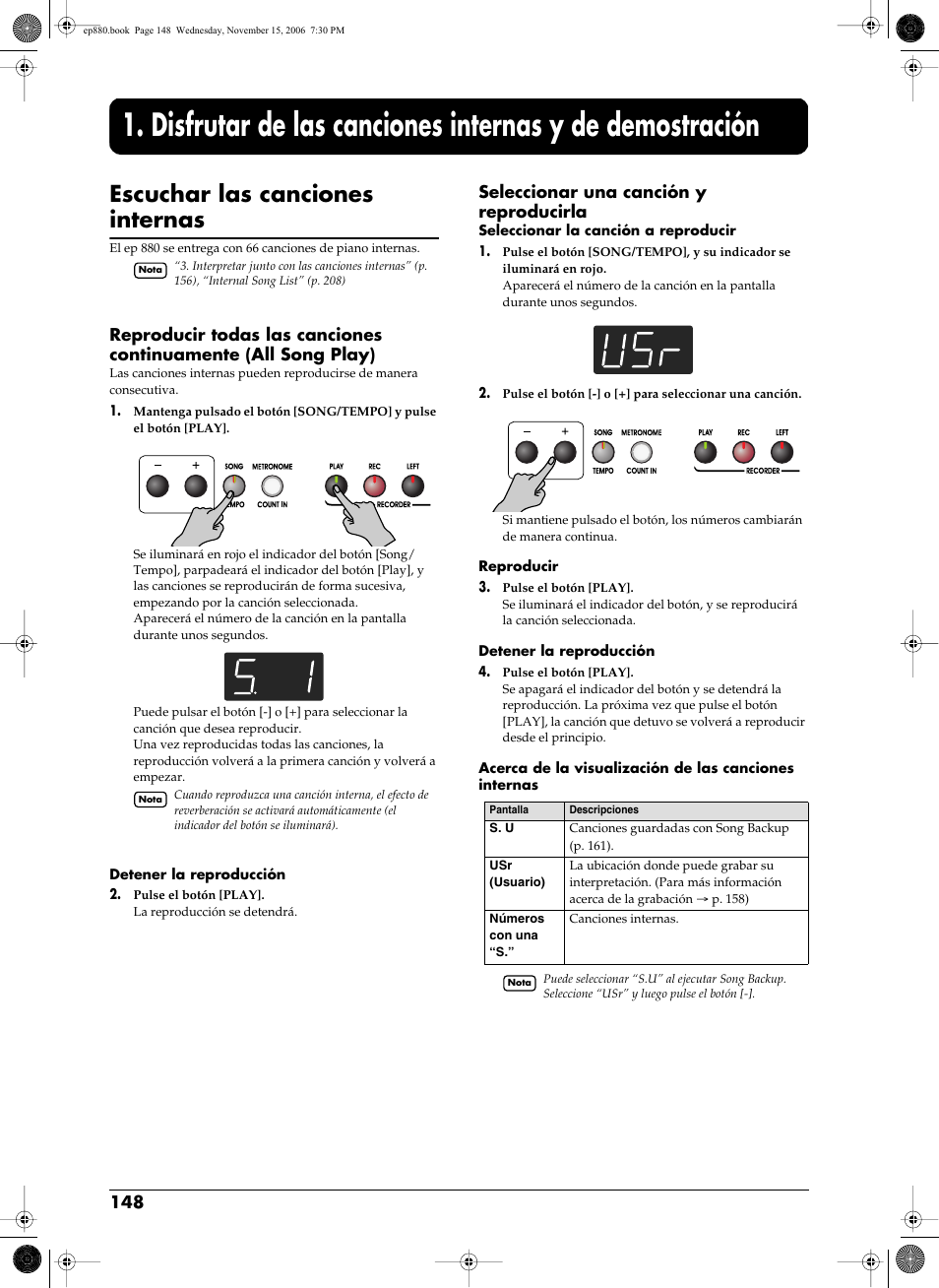 Escuchar las canciones internas, Y grabaciones (p. 148, 158), Seleccionar una canción y reproducirla | Roland EP-880 User Manual | Page 148 / 216