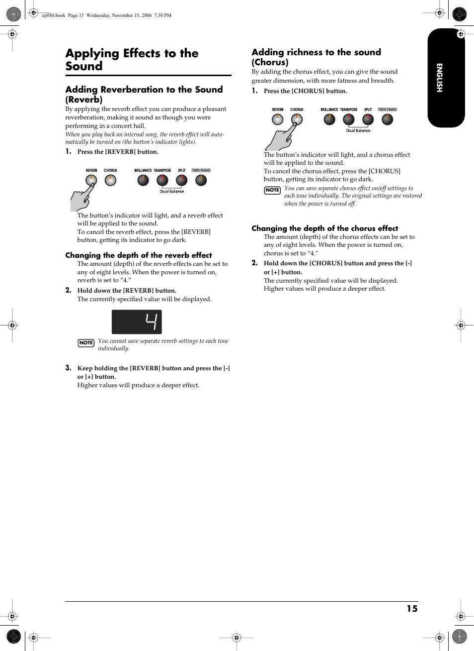 Applying effects to the sound, Adds reverberation to the sound (p. 15), Adds richness to the sound (p. 15) | Adding reverberation to the sound (reverb), Adding richness to the sound (chorus) | Roland EP-880 User Manual | Page 15 / 216