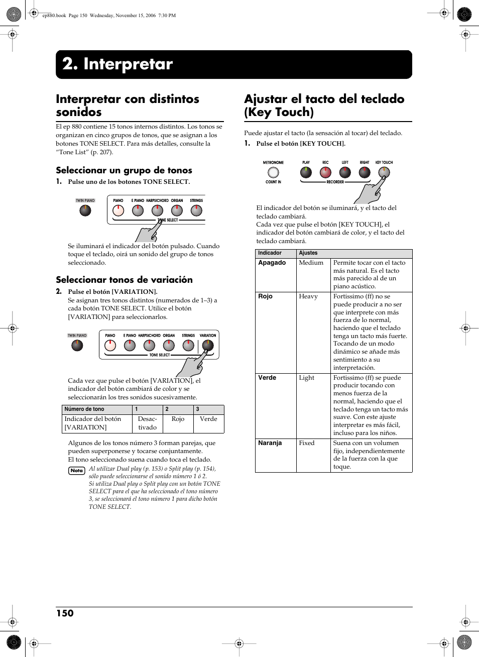 Interpretar, Tonos) que reproduce el teclado (p. 150), Interpretar con distintos sonidos | Ajustar el tacto del teclado (key touch), Seleccionar un grupo de tonos, Seleccionar tonos de variación | Roland EP-880 User Manual | Page 150 / 216