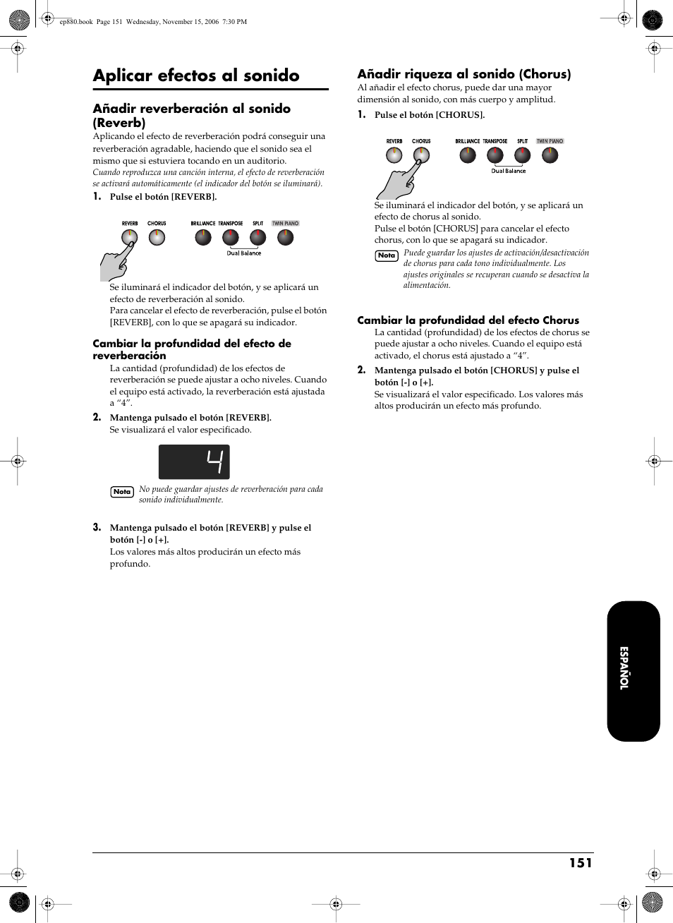 Aplicar efectos al sonido, N al sonido (p. 151), Ade riqueza al sonido (p. 151) | Añadir reverberación al sonido (reverb), Añadir riqueza al sonido (chorus) | Roland EP-880 User Manual | Page 151 / 216