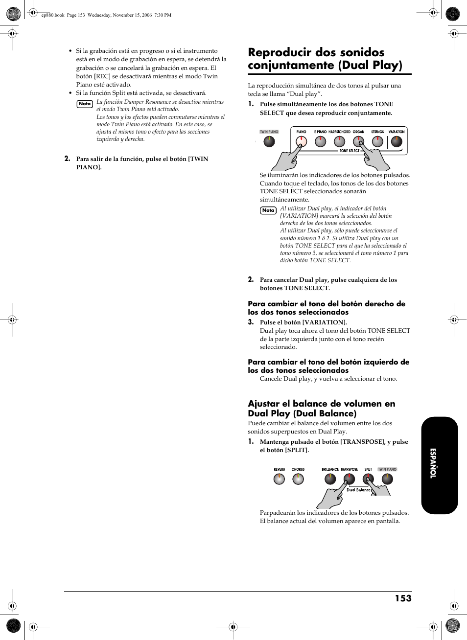 Reproducir dos sonidos conjuntamente (dual play) | Roland EP-880 User Manual | Page 153 / 216