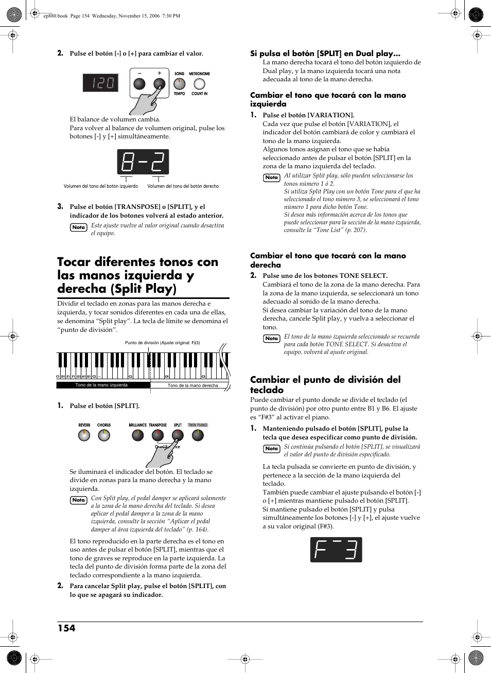 Sonido diferente en cada zona (p. 154), Cambiar el punto de división del teclado | Roland EP-880 User Manual | Page 154 / 216