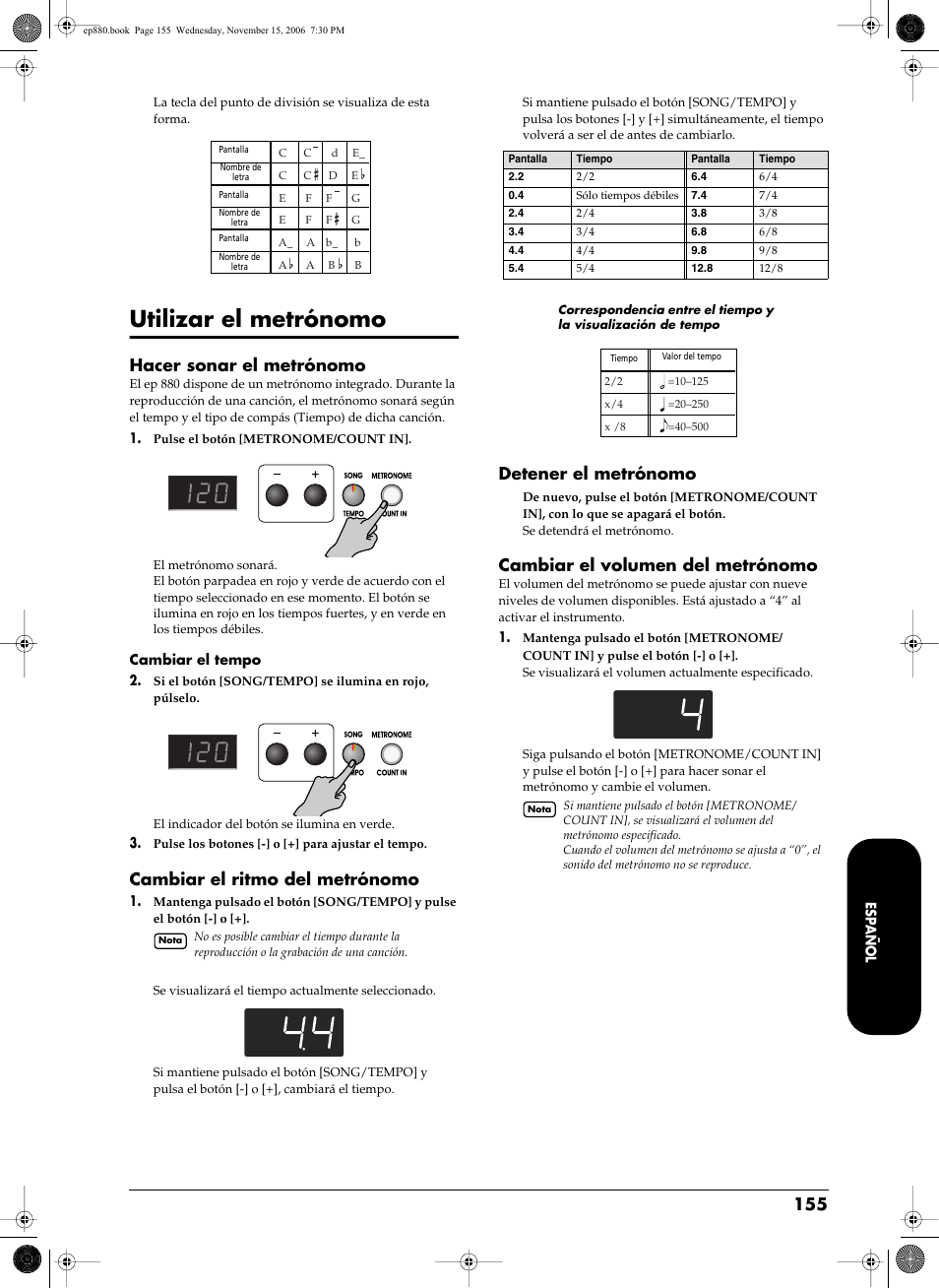 Utilizar el metrónomo, Nomo (p. 155). tambi, Hacer sonar el metrónomo | Cambiar el ritmo del metrónomo, Detener el metrónomo, Cambiar el volumen del metrónomo | Roland EP-880 User Manual | Page 155 / 216