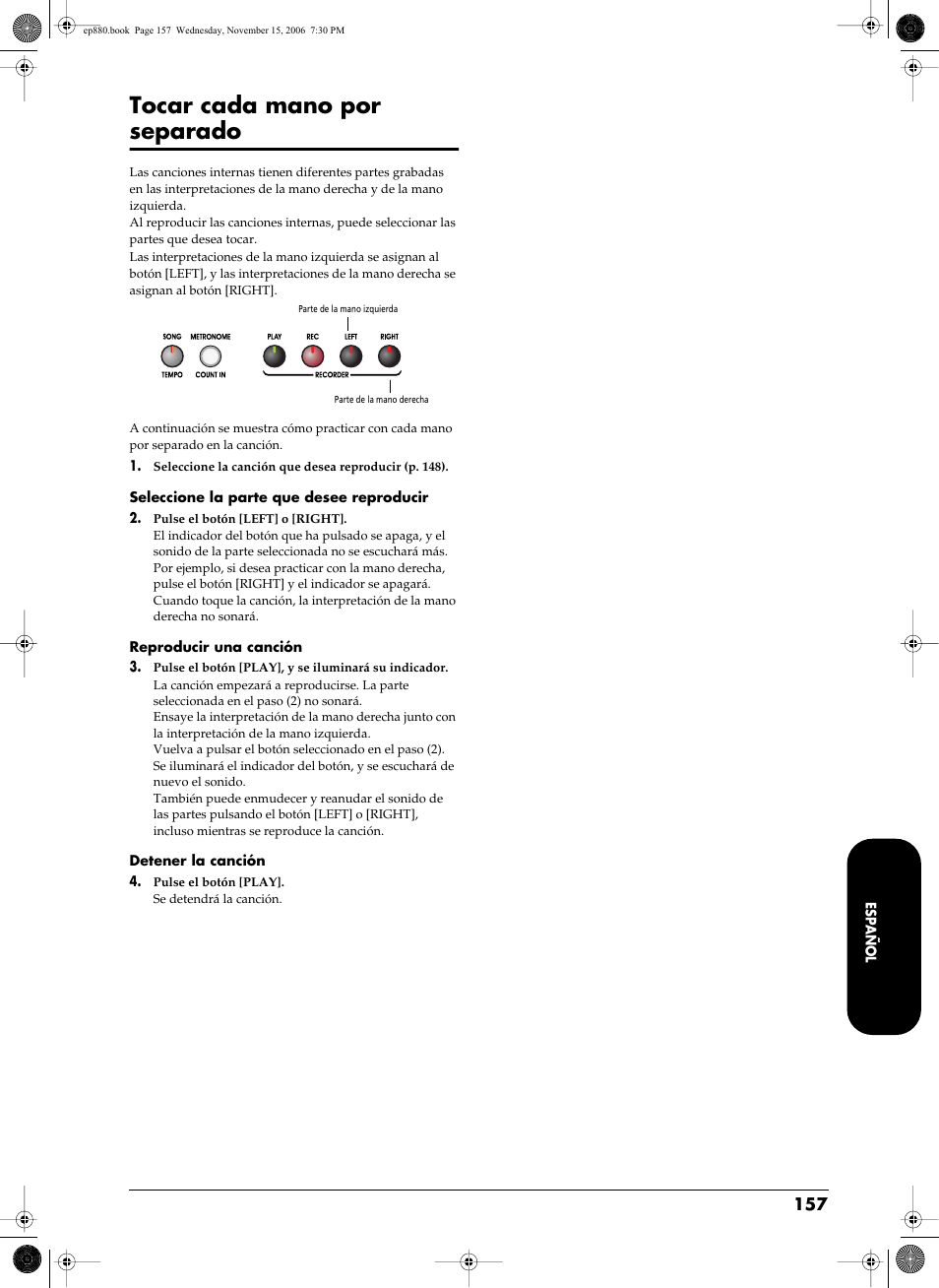 Tocar cada mano por separado | Roland EP-880 User Manual | Page 157 / 216