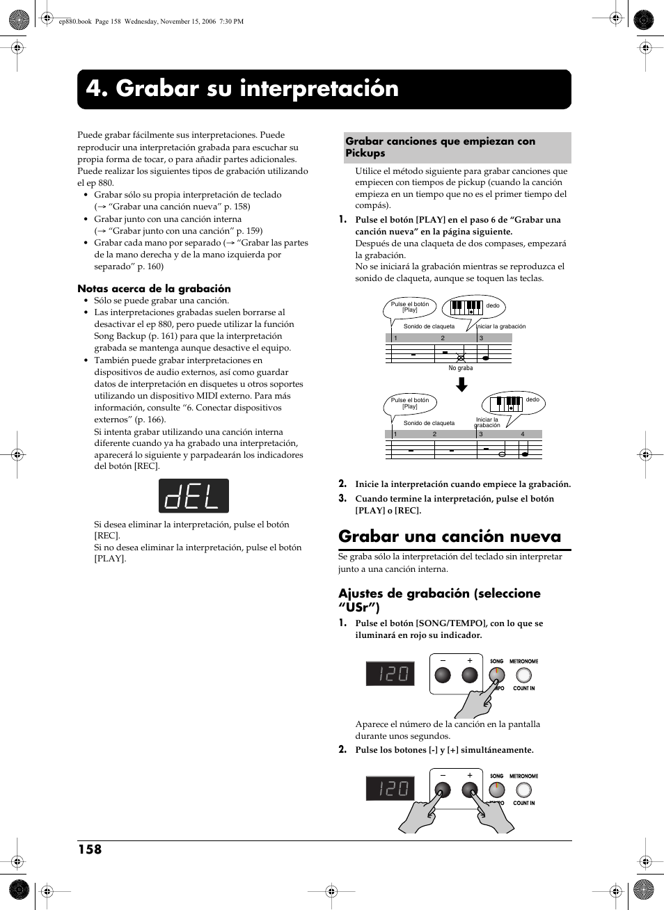 Grabar su interpretación, Grabar canciones que empiezan con pickups, Grabar una canción nueva | N (p. 158~160), Ep 880 (p. 158~160), Ajustes de grabación (seleccione “usr”) | Roland EP-880 User Manual | Page 158 / 216