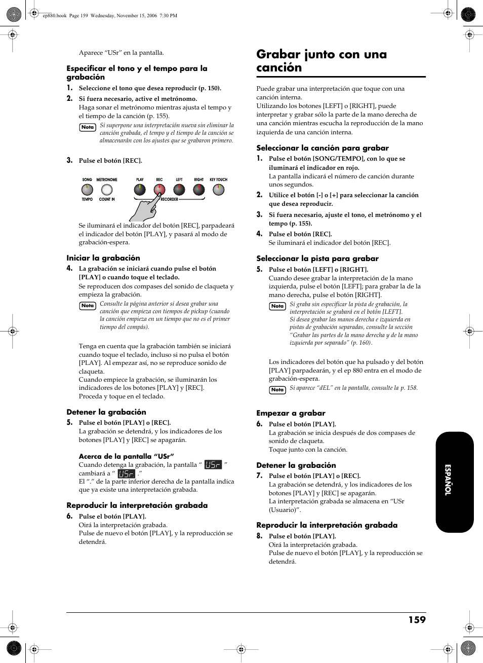 Grabar junto con una canción, Grabar junto con una canción” p. 159) | Roland EP-880 User Manual | Page 159 / 216