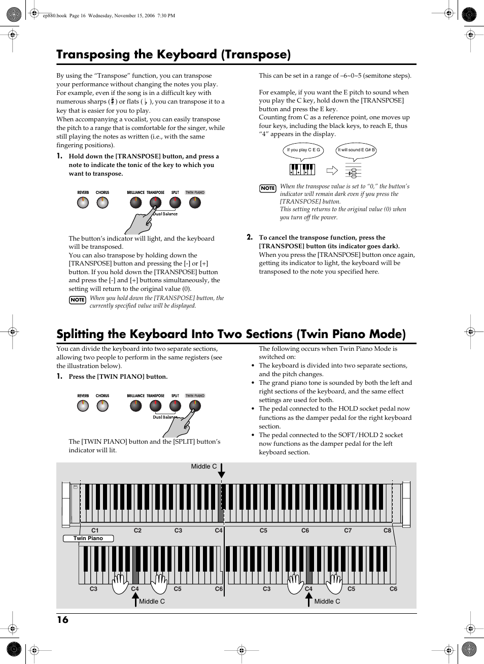 Transposes the pitch of the keyboard (p. 16), Registers (p. 16), Transposing the keyboard (transpose) | Roland EP-880 User Manual | Page 16 / 216