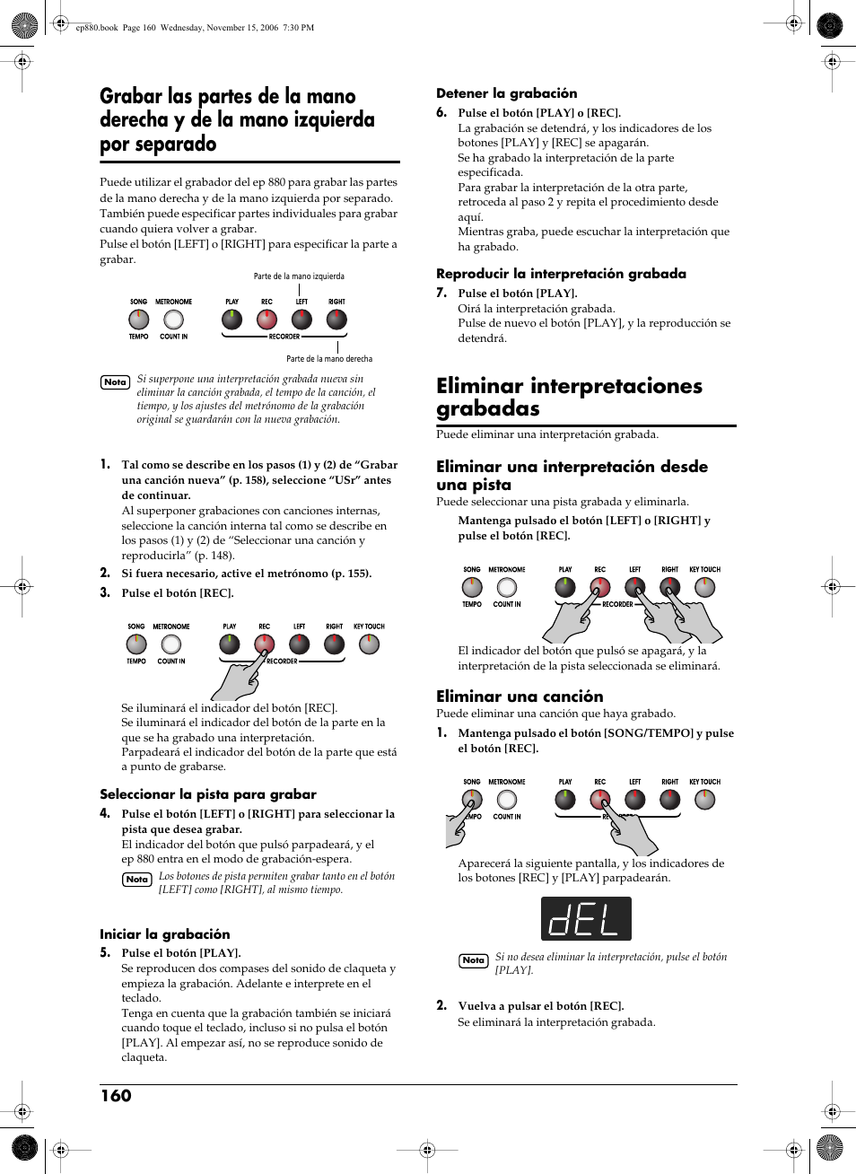 Grabar las partes, Eliminar interpretaciones grabadas, Eliminar una interpretación desde una pista | Eliminar una canción | Roland EP-880 User Manual | Page 160 / 216