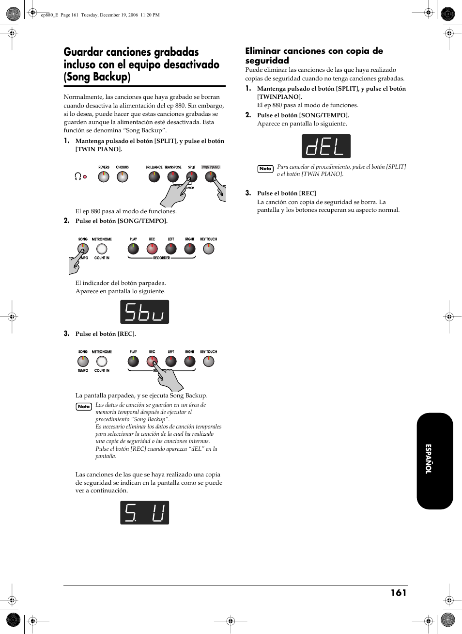 Eliminar canciones con copia de seguridad, Song backup (p. 161) para que la interpretaci, Song backup) | Roland EP-880 User Manual | Page 161 / 216