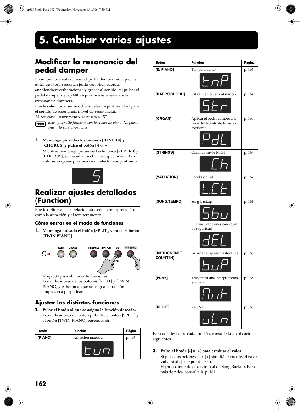 Cambiar varios ajustes, Modificar la resonancia del pedal damper, Realizar ajustes detallados (function) | Ajustar las distintas funciones | Roland EP-880 User Manual | Page 162 / 216