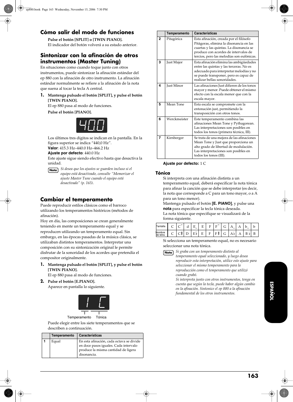 P. 163, Cómo salir del modo de funciones, Cambiar el temperamento | Roland EP-880 User Manual | Page 163 / 216