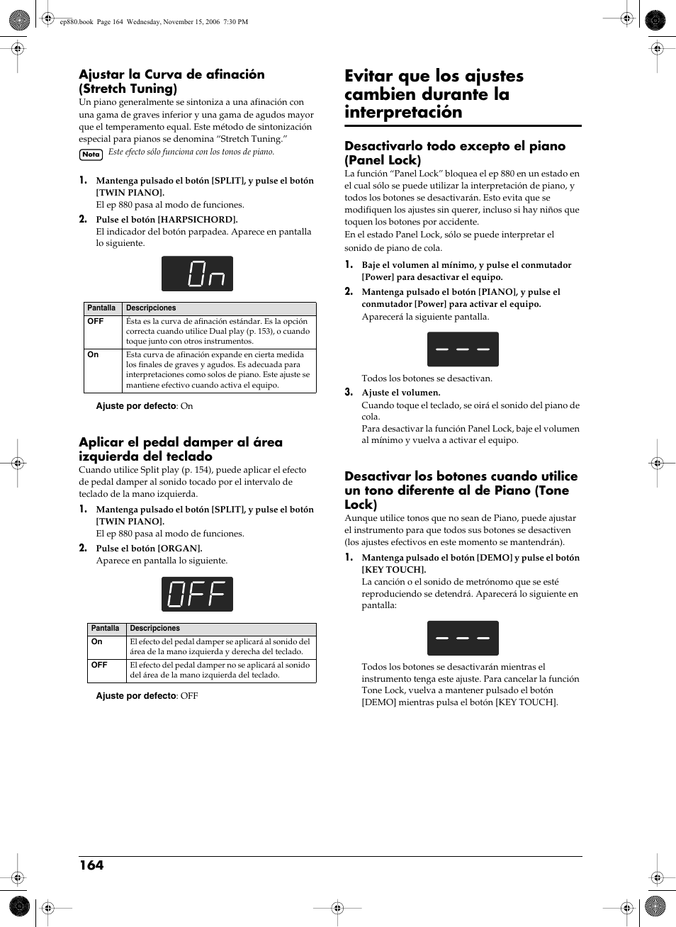 P. 164, 164 ajustar la curva de afinación (stretch tuning), Desactivarlo todo excepto el piano (panel lock) | Roland EP-880 User Manual | Page 164 / 216