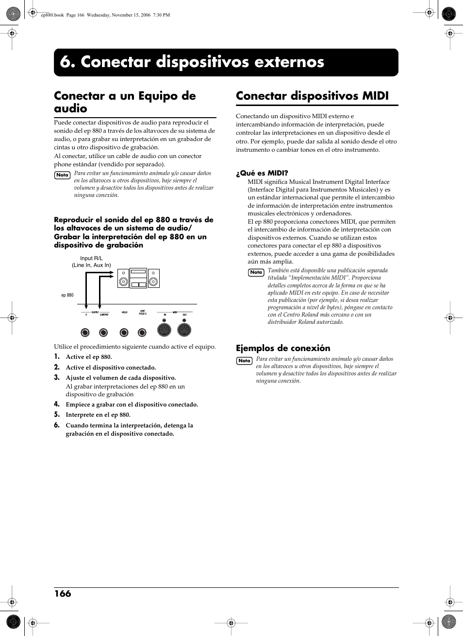 Conectar dispositivos externos, Conectar a un equipo de audio, Conectar dispositivos midi | Ejemplos de conexión | Roland EP-880 User Manual | Page 166 / 216