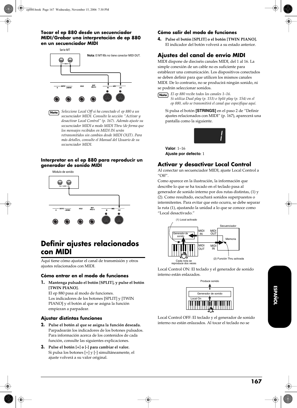 Definir ajustes relacionados con midi, P. 167, Ajustes del canal de envío midi | Activar y desactivar local control | Roland EP-880 User Manual | Page 167 / 216