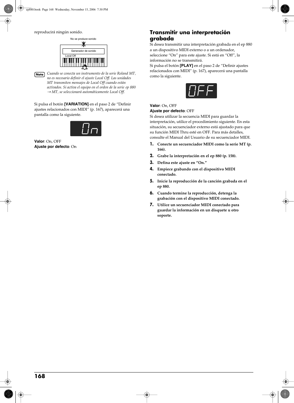 Transmitir una interpretación grabada, P. 168 | Roland EP-880 User Manual | Page 168 / 216