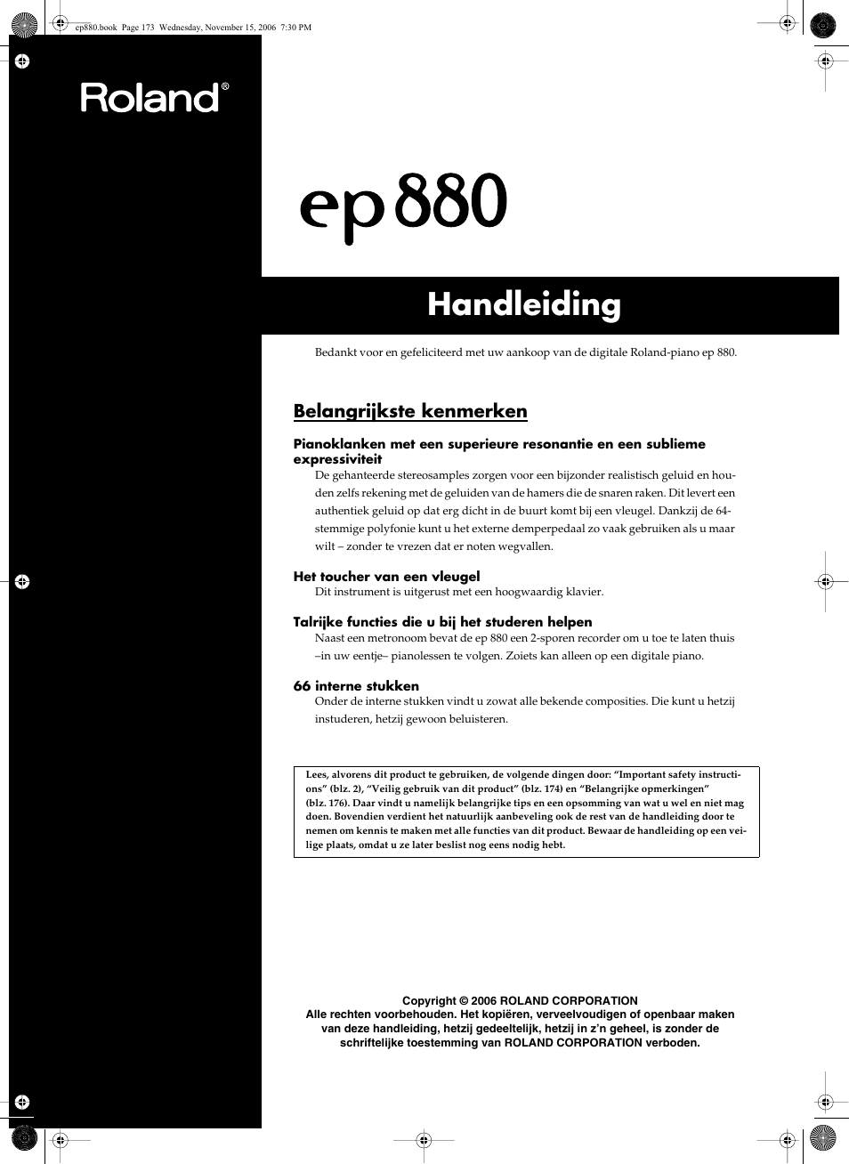 Handleiding, P. 173), Belangrijkste kenmerken | Roland EP-880 User Manual | Page 173 / 216