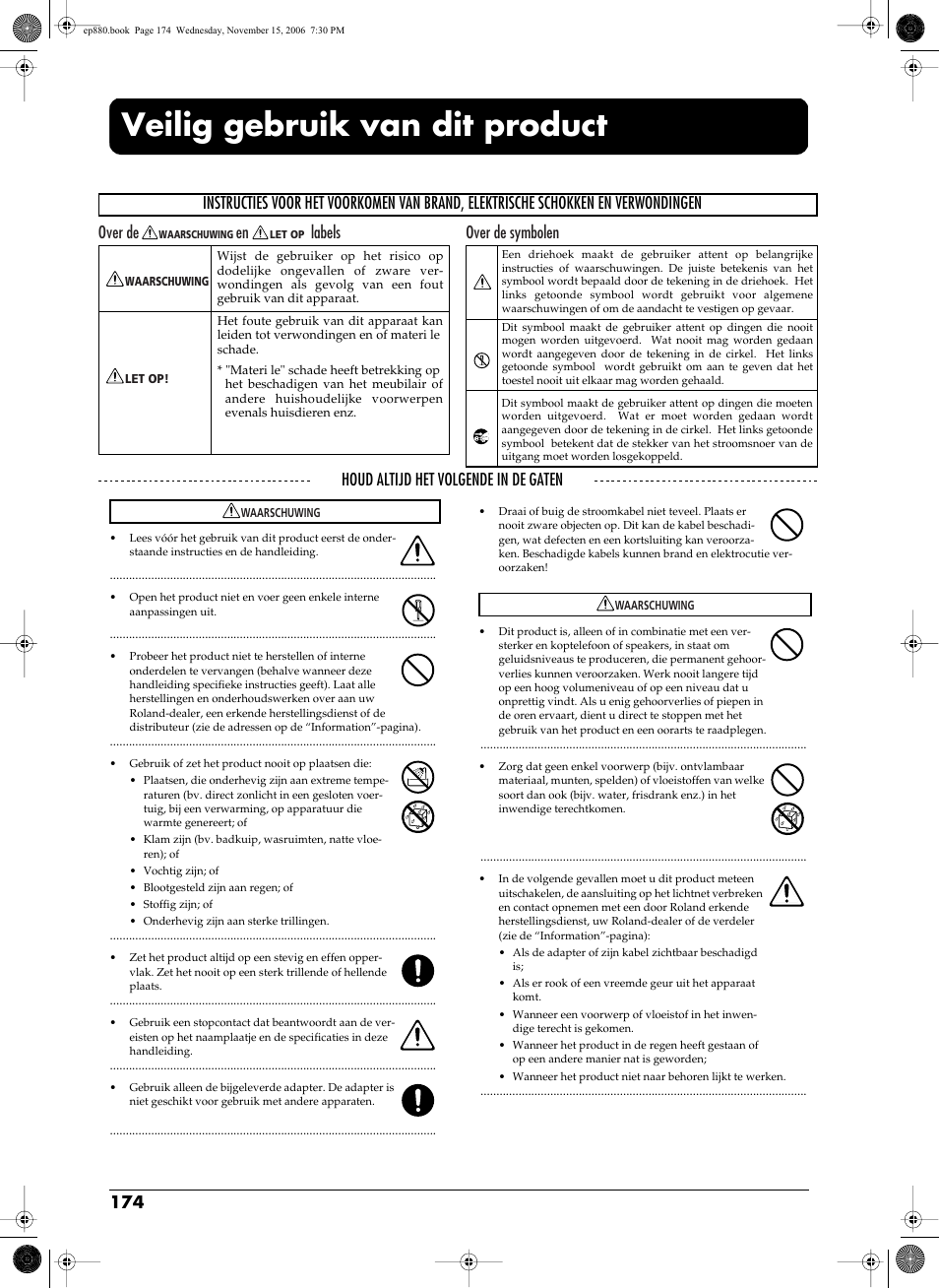 Veilig gebruik van dit product | Roland EP-880 User Manual | Page 174 / 216