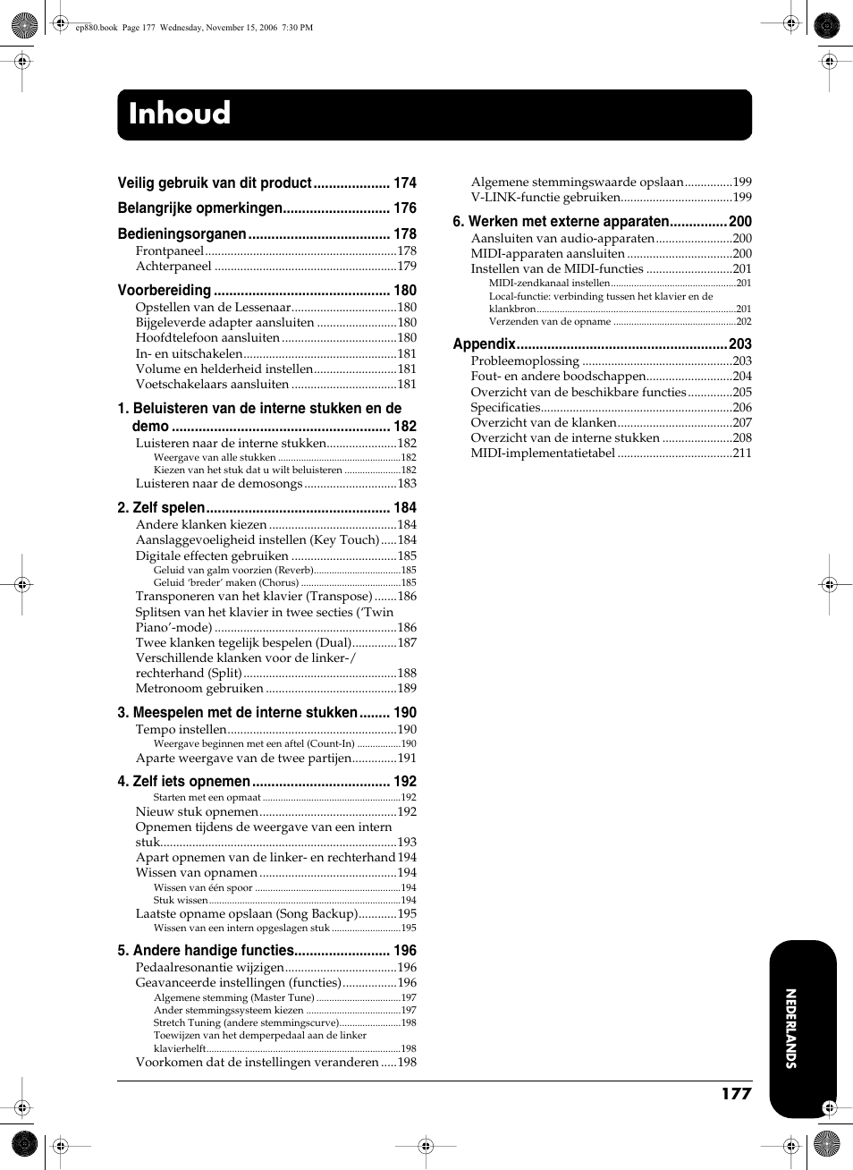 Inhoud | Roland EP-880 User Manual | Page 177 / 216