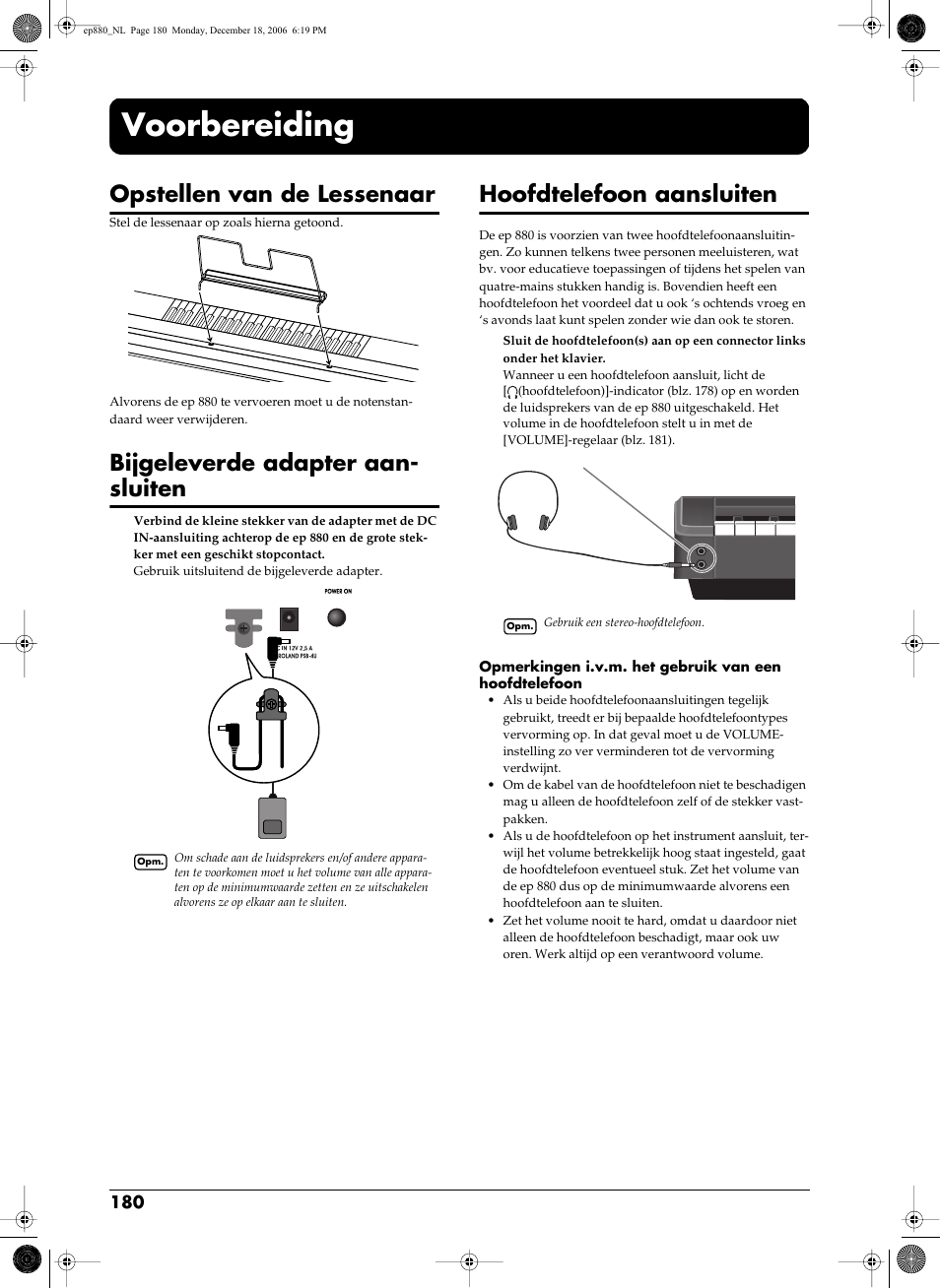 Voorbereiding, Aansluit (blz. 180), Opstellen van de lessenaar | Bijgeleverde adapter aan- sluiten, Hoofdtelefoon aansluiten | Roland EP-880 User Manual | Page 180 / 216