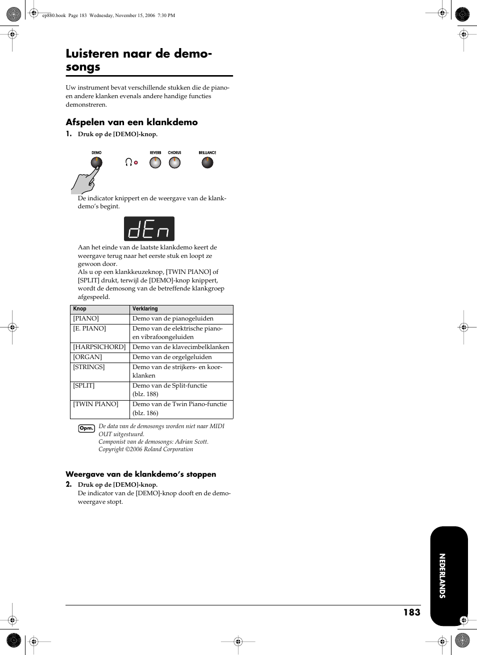 Luisteren naar de demosongs, Klanken (blz. 183), Luisteren naar de demo- songs | Afspelen van een klankdemo | Roland EP-880 User Manual | Page 183 / 216