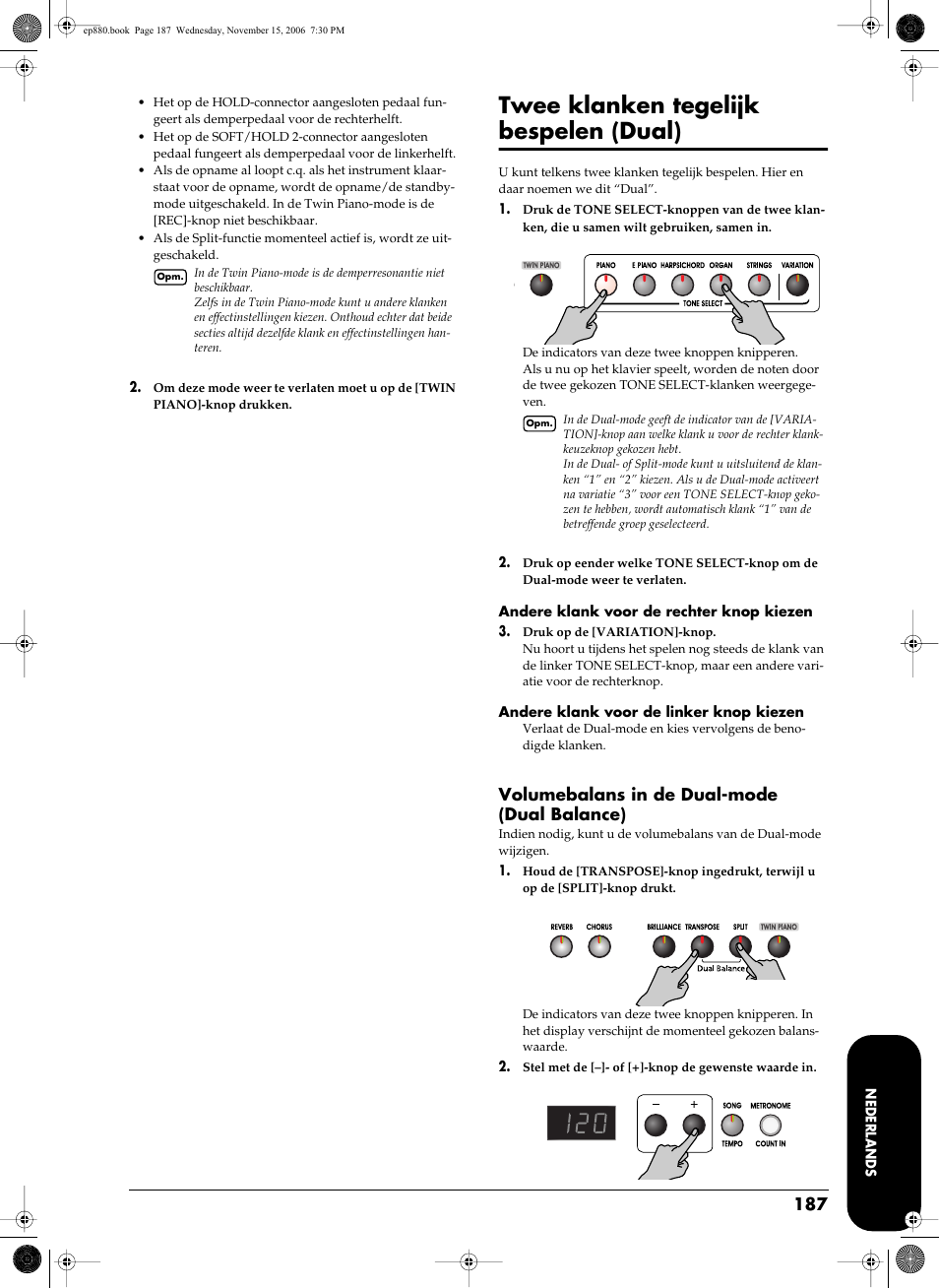 Twee klanken tegelijk bespelen (dual), Volumebalans in de dual-mode (dual balance) | Roland EP-880 User Manual | Page 187 / 216