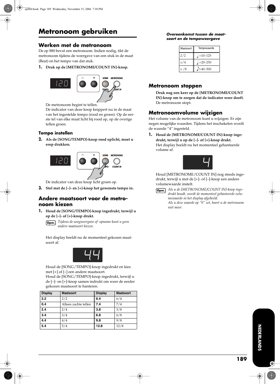 Metronoom gebruiken, Werken met de metronoom, Andere maatsoort voor de metro- noom kiezen | Metronoom stoppen, Metronoomvolume wijzigen | Roland EP-880 User Manual | Page 189 / 216