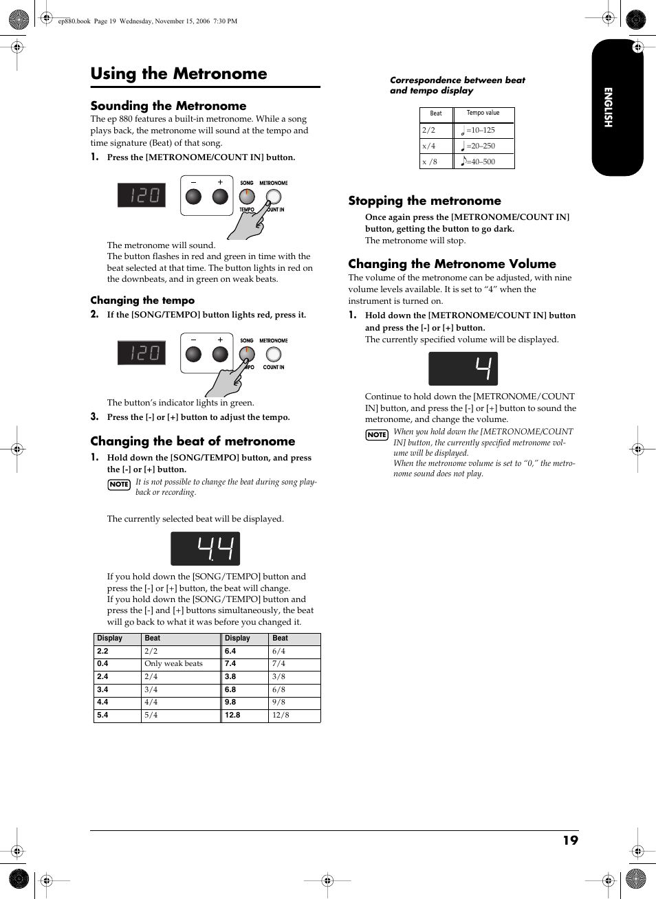 Using the metronome, Sounding the metronome, Changing the beat of metronome | Stopping the metronome, Changing the metronome volume | Roland EP-880 User Manual | Page 19 / 216