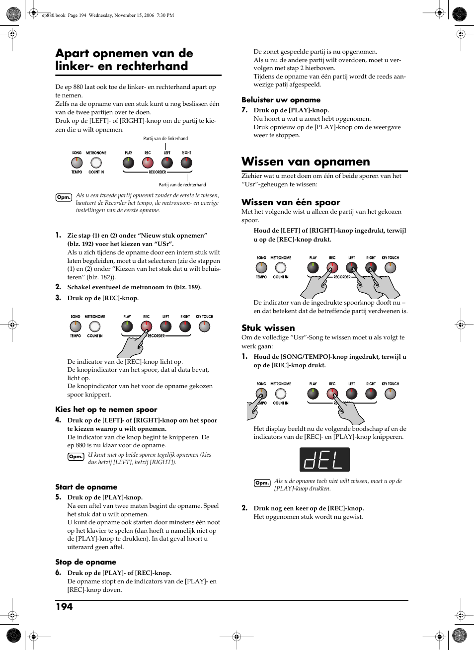 Wissen van één spoor stuk wissen, Apart opnemen van de linker- en rechterhand, Wissen van opnamen | Wissen van één spoor, Stuk wissen | Roland EP-880 User Manual | Page 194 / 216