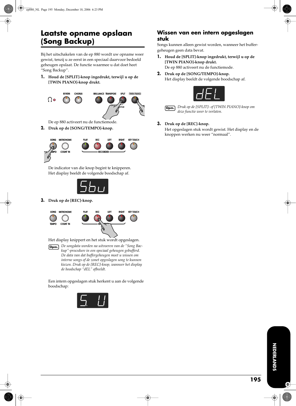 Laatste opname opslaan (song backup), Wissen van een intern opgeslagen stuk, Blz. 195) | Opslaat (blz. 195) | Roland EP-880 User Manual | Page 195 / 216