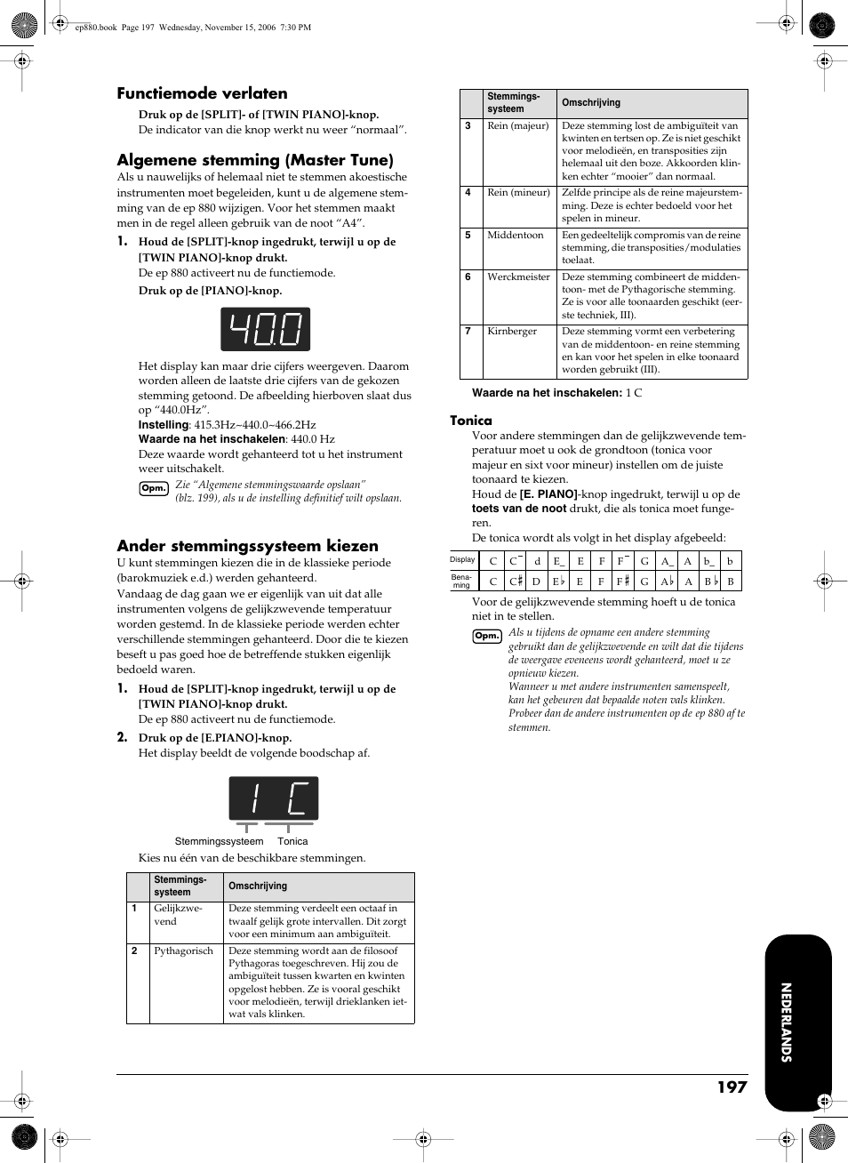 Blz. 197, Functiemode verlaten, Algemene stemming (master tune) | Ander stemmingssysteem kiezen | Roland EP-880 User Manual | Page 197 / 216