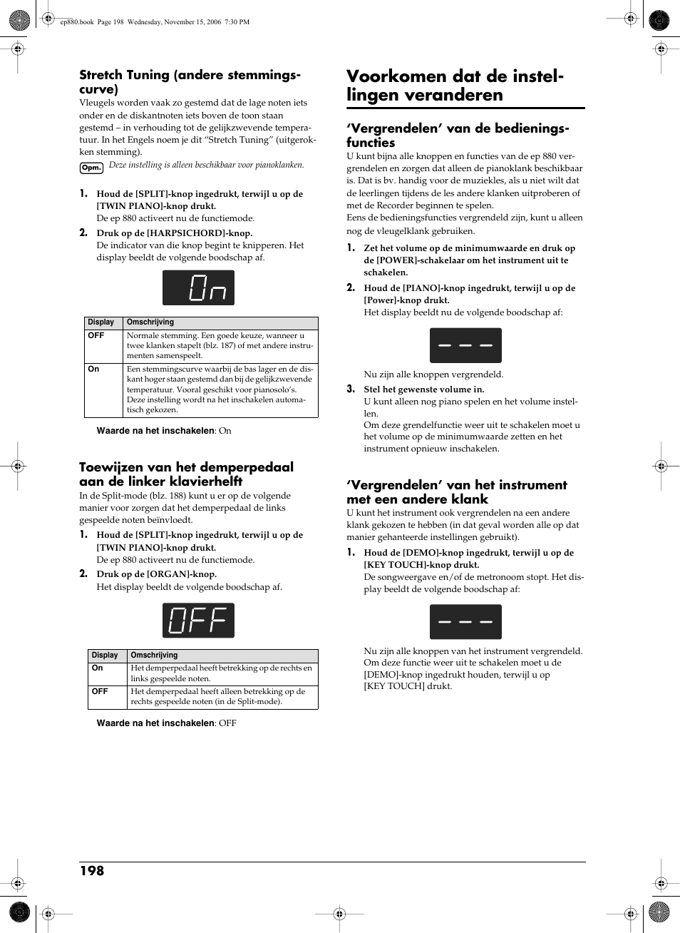 Voorkomen dat de instellingen veranderen, Blz. 198, Voorkomen dat de instel- lingen veranderen | 198 stretch tuning (andere stemmings- curve), Vergrendelen’ van de bedienings- functies | Roland EP-880 User Manual | Page 198 / 216